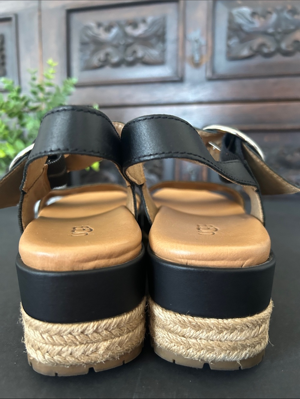 UGG Black Leather Platform Espadrille Sandals with Silver Buckle - Picture 10 of 15